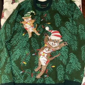 Blizzard Bay Men's Knit Sweater Latge Green Crew Neck Christmas Crazy Cats Funky